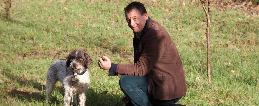 Ma Terre Première, Xavier Mathiaud et son chien Xavier Mathiaud accroupi auprès de son lagotto romagnolo, parmi de jeunes arbres