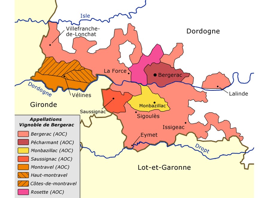 Carte des appellations du Bergeracois Carte des appellations du vignoble de Bergerac, en Dordogne